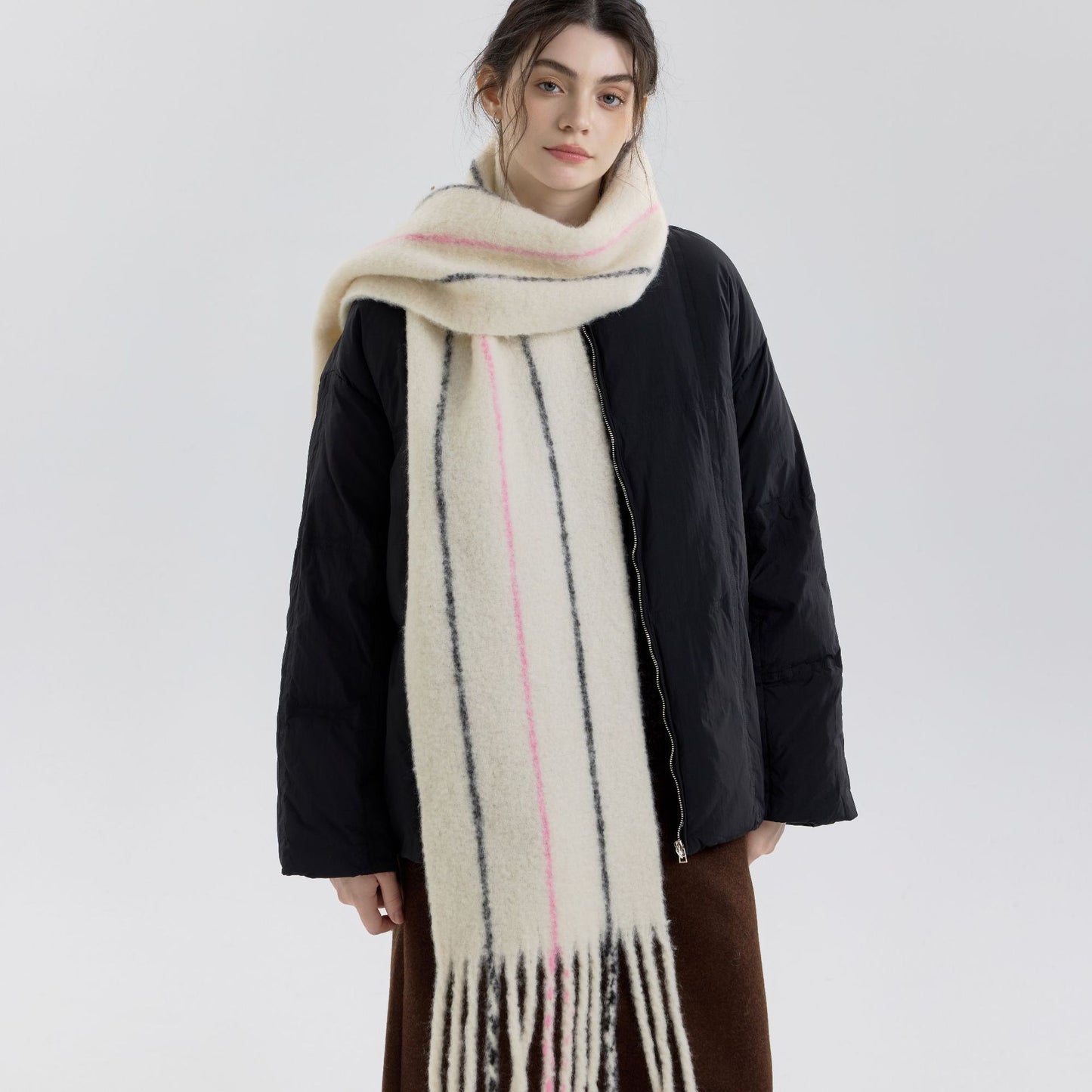 Retro Color-Block Fringed Wool Scarf for Men and Women