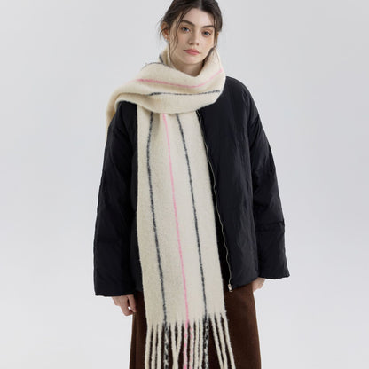 Retro Color-Block Fringed Wool Scarf for Men and Women