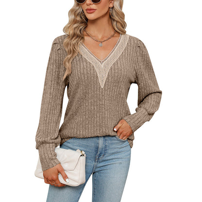 V-Neck Lace Trim Loose Fit Corduroy T-Shirt