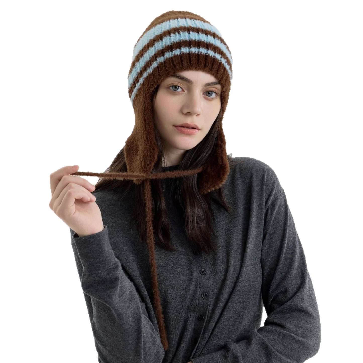 Chic Color-Block Striped Knit Ear Warmer Beanie for Women