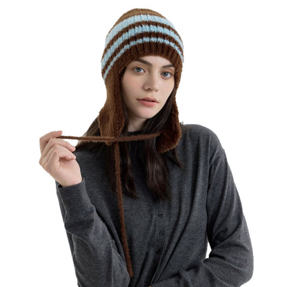 Chic Color-Block Striped Knit Ear Warmer Beanie for Women