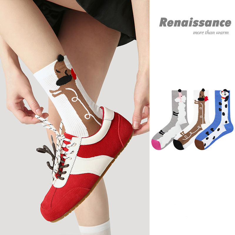 Socks Colorblock Dog Stripe Combed Cotton Mid Calf