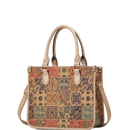 Retro Multicultural Cork Print Tote Bag Large Capacity Women's Handbag
