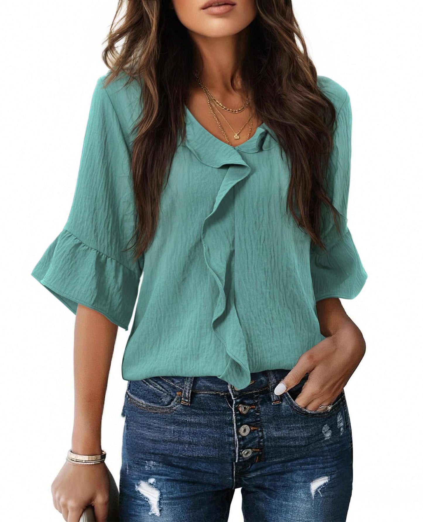Casual Lantern Sleeve Blouse with Ruffled Hem