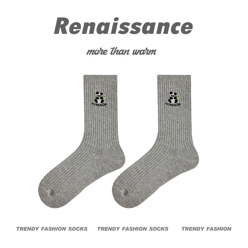 Mid Calf Panda Embroidered Combed Cotton Socks