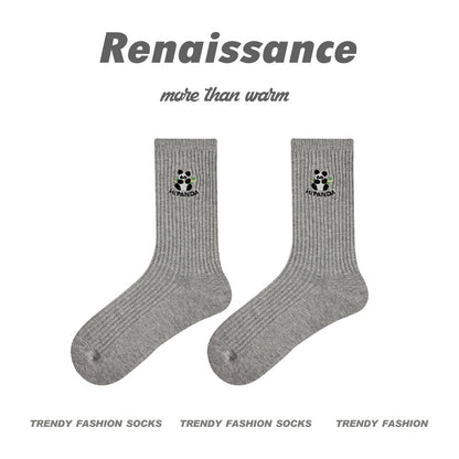 Mid Calf Panda Embroidered Combed Cotton Socks