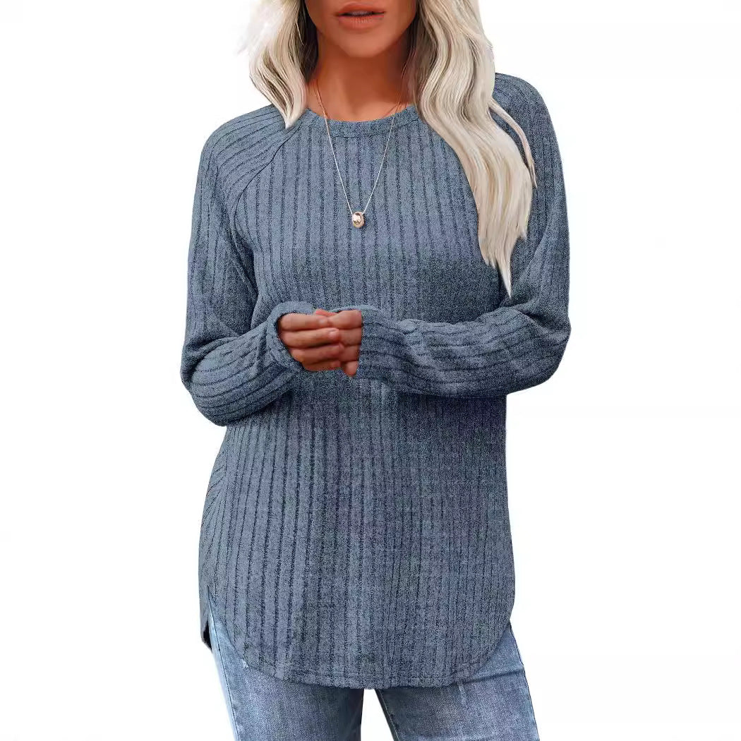 Loose Fit Round Neck Top with High-Low Hem