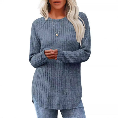 Loose Fit Round Neck Top with High-Low Hem