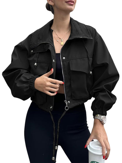 Women’s Solid Color Short Jacket with Zipper