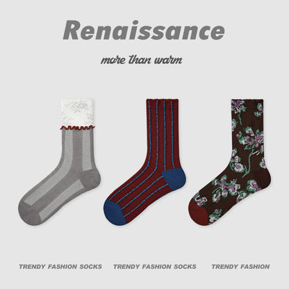 Socks Embossed Floral Mid Calf Cotton Moisture Wicking