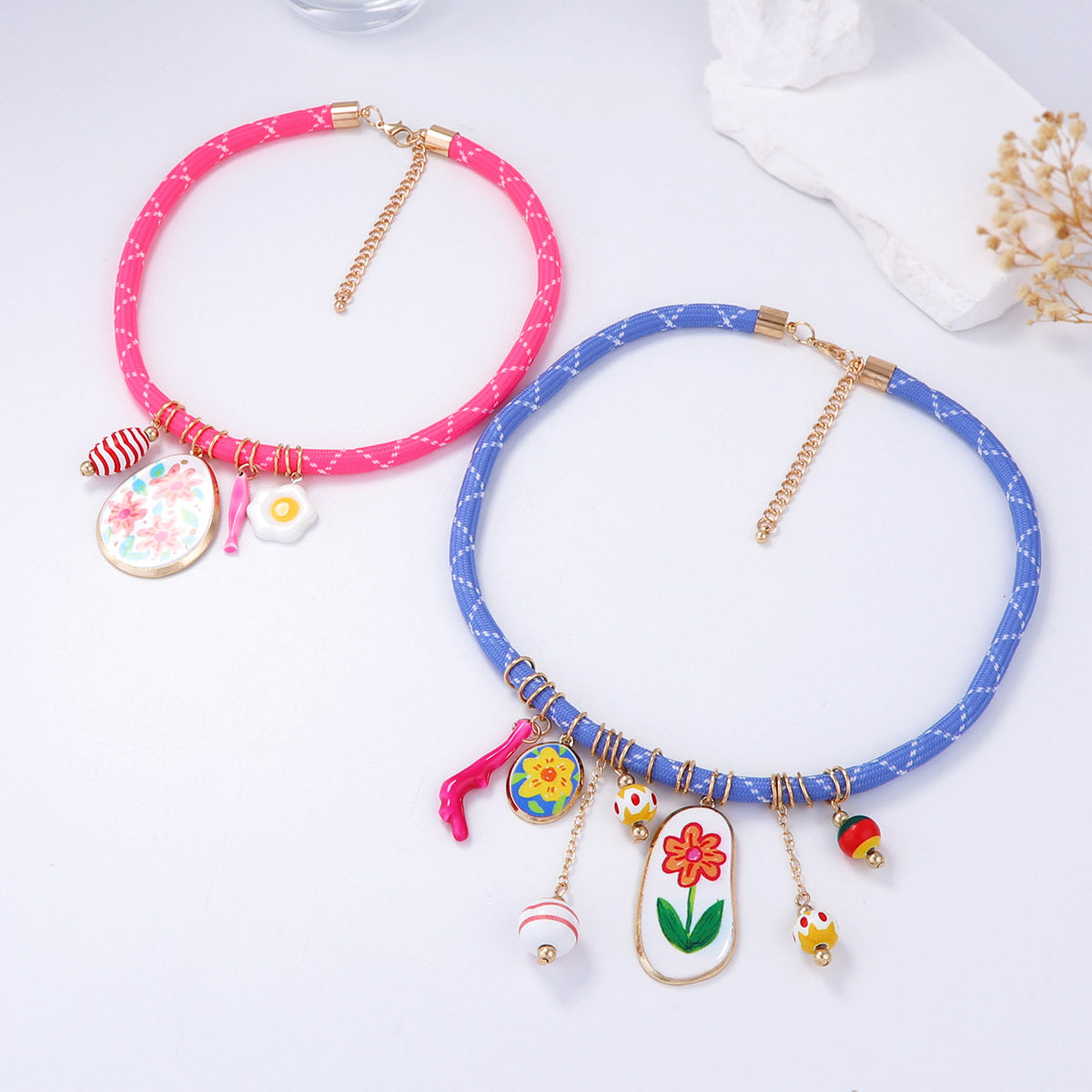Necklace Colorful Plumeria Coral Geometric Pendant