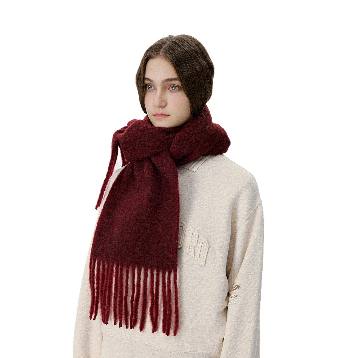 Solid Color Fringed Scarf Stylish Warm Neck Wrap