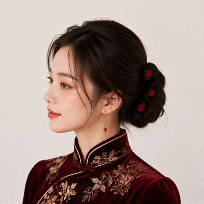 Red Rose U-Shaped Hairpin Set for Traditional Chinese Dress