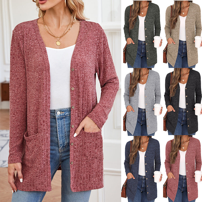 Casual Solid Color Long Sleeve Cardigan with Pockets