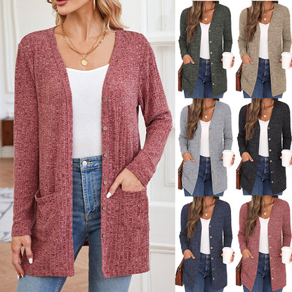 Casual Solid Color Long Sleeve Cardigan with Pockets