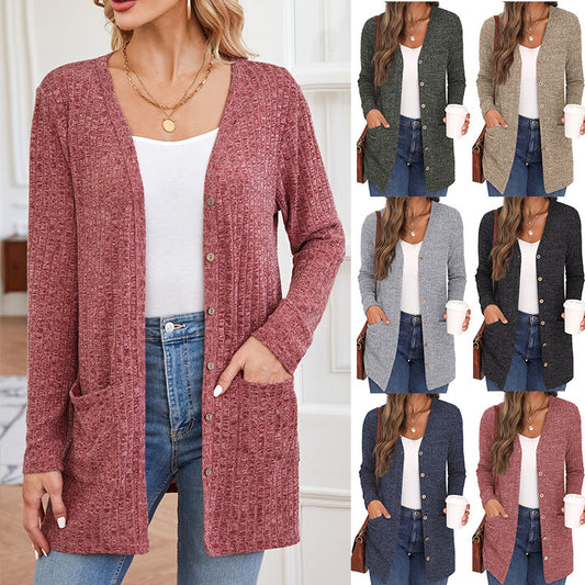 Casual Solid Color Long Sleeve Cardigan with Pockets