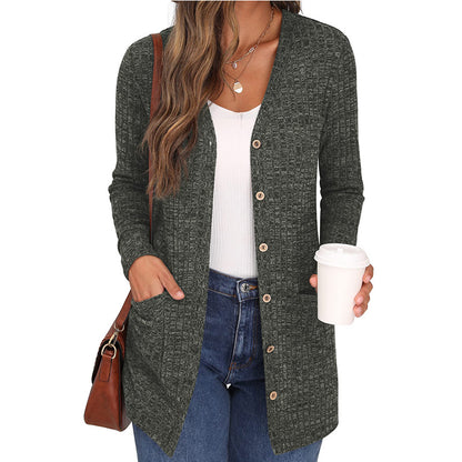 Casual Solid Color Long Sleeve Cardigan with Pockets