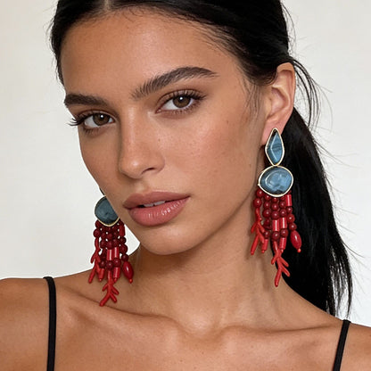 Beaded Tassel Drop Earrings Coral Boho Beach Style