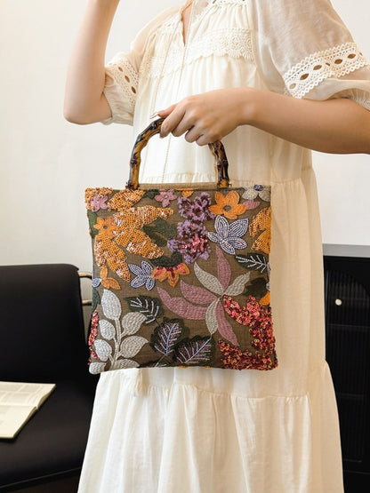 New Embroidered Sequin Bamboo Handle Evening Bag