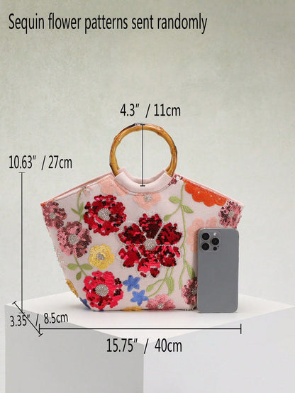 Elegant Seaside Embroidered Floral Tote Bag
