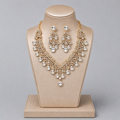 Retro Alloy Rhinestone Jewelry Set Elegant Necklace and Earrings for Evening Wear