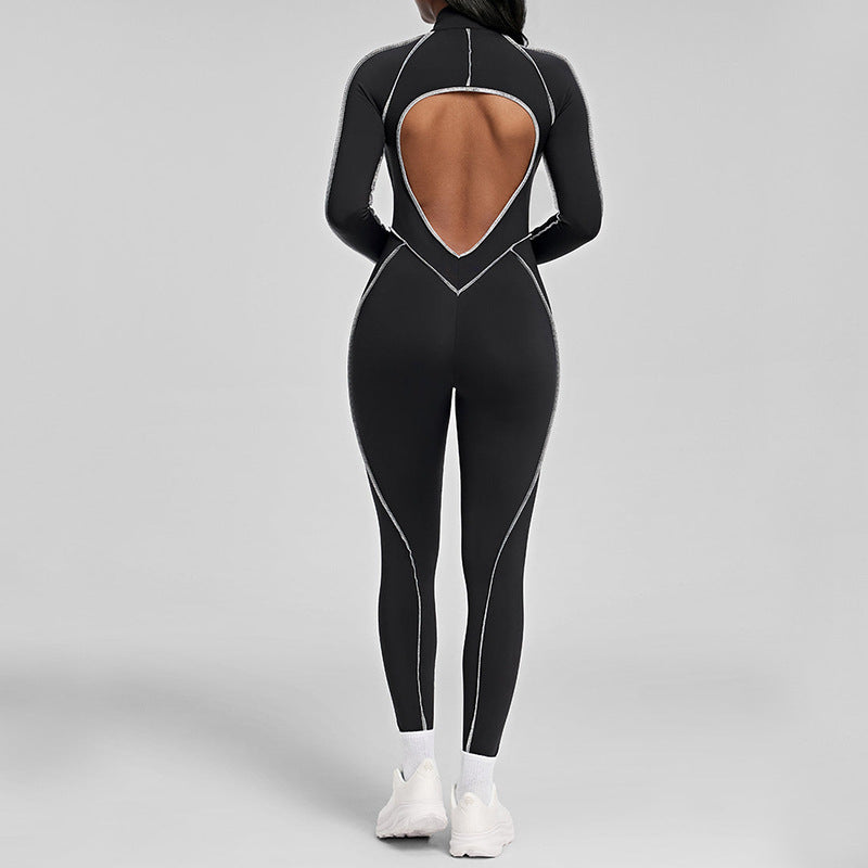 Color Block Yoga Jumpsuit with Hollow Back Spaghetti Strap