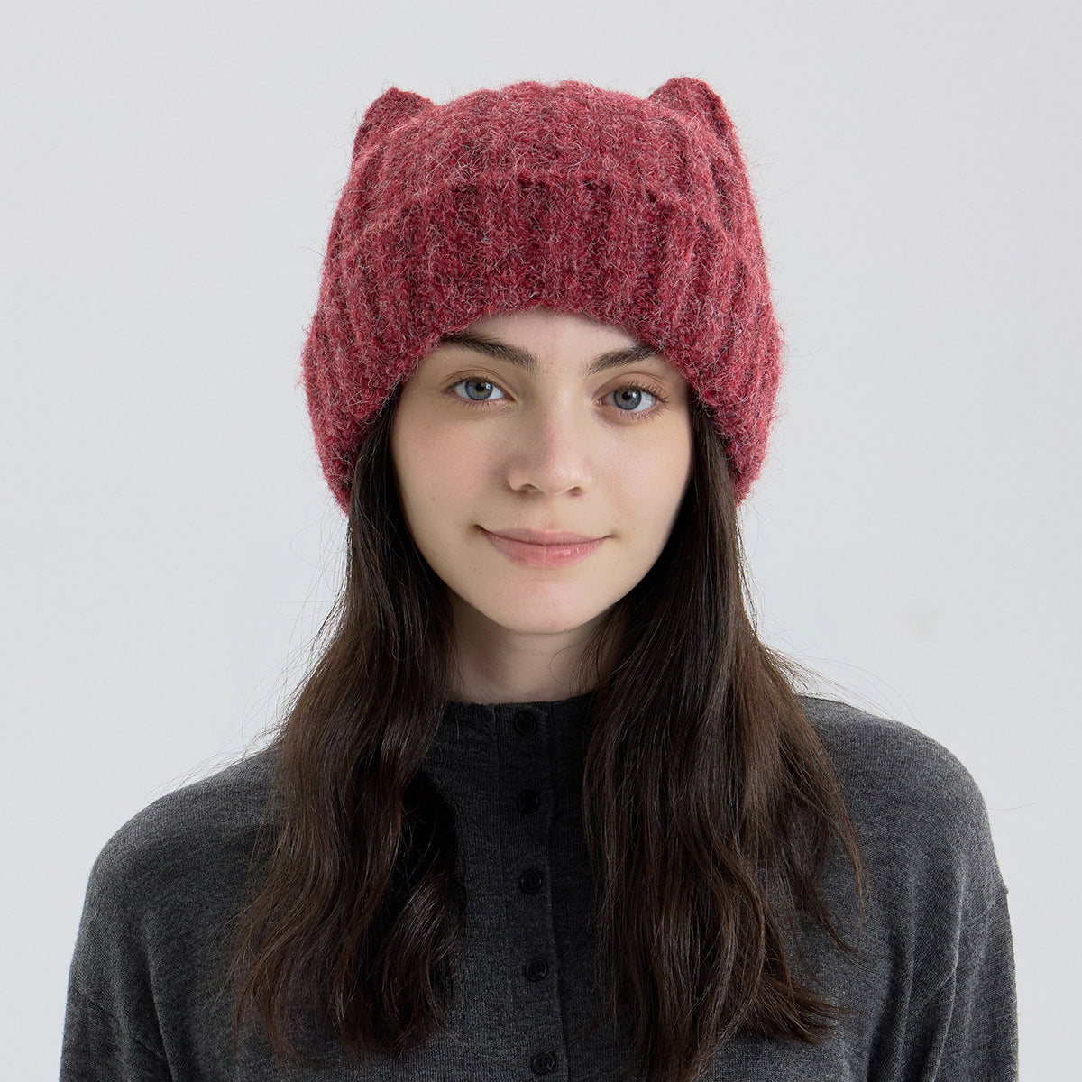 Cute Cat Ear Solid Color Knitted Beanie Hat for Women