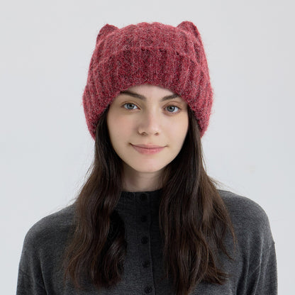 Cute Cat Ear Solid Color Knitted Beanie Hat for Women