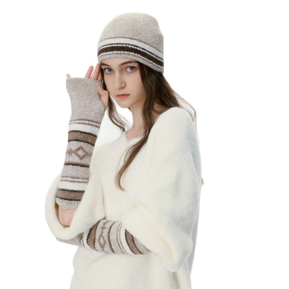 Retro Color Block Knitted Hat & Mittens Set