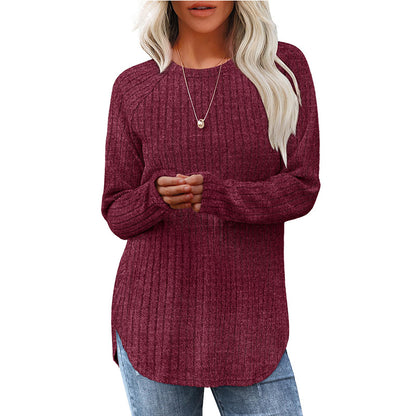 Loose Fit Round Neck Top with High-Low Hem