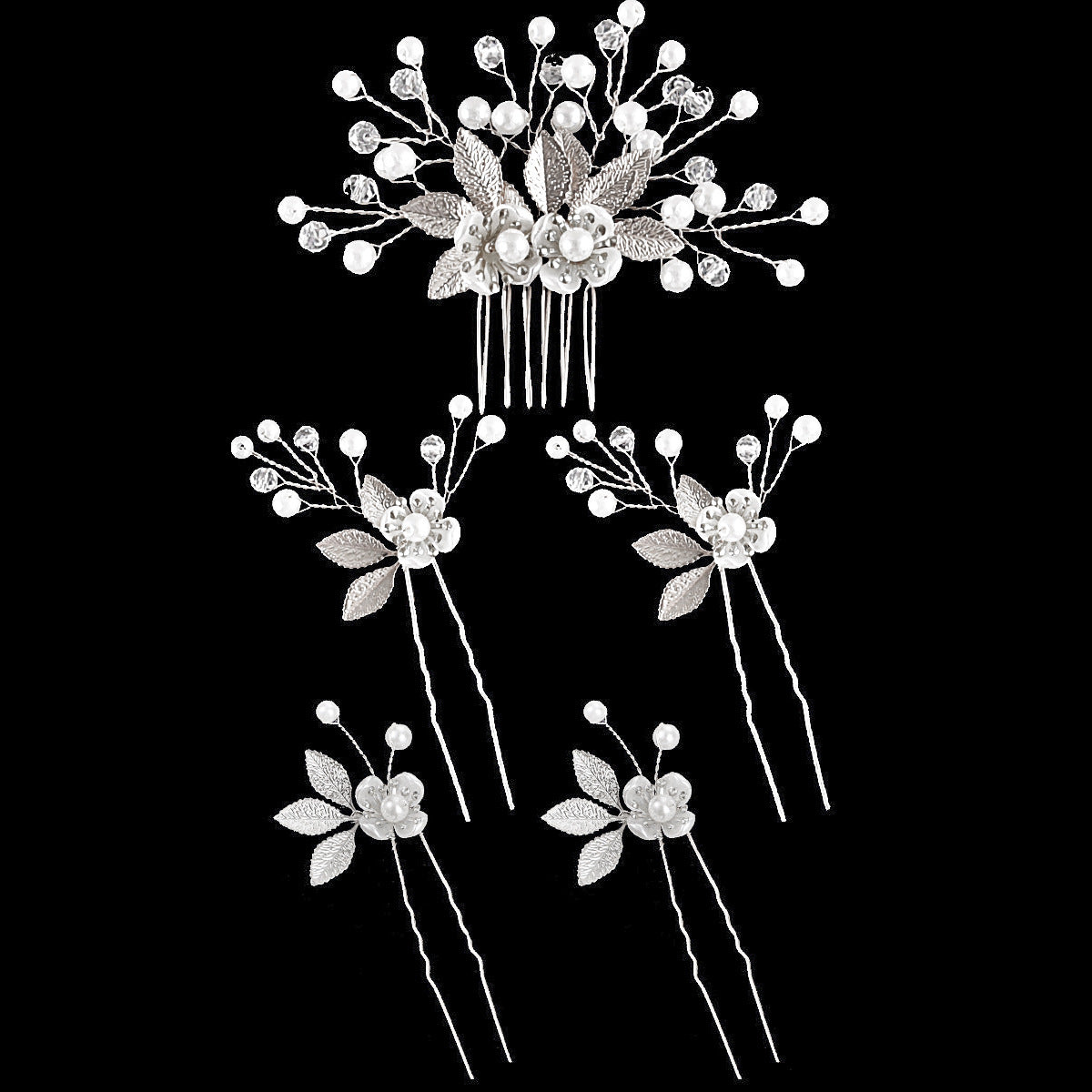 5 Piece Vintage Bridal Hair Clip Set with Pearls and Gold Leaves