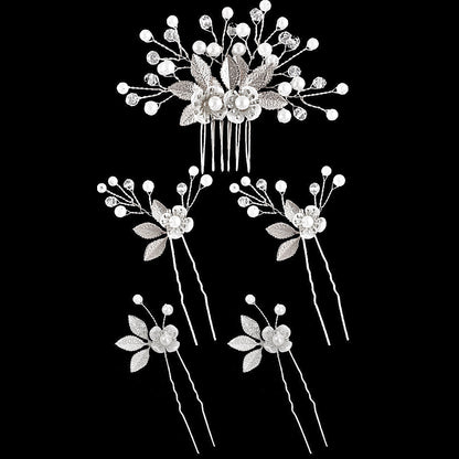 5 Piece Vintage Bridal Hair Clip Set with Pearls and Gold Leaves