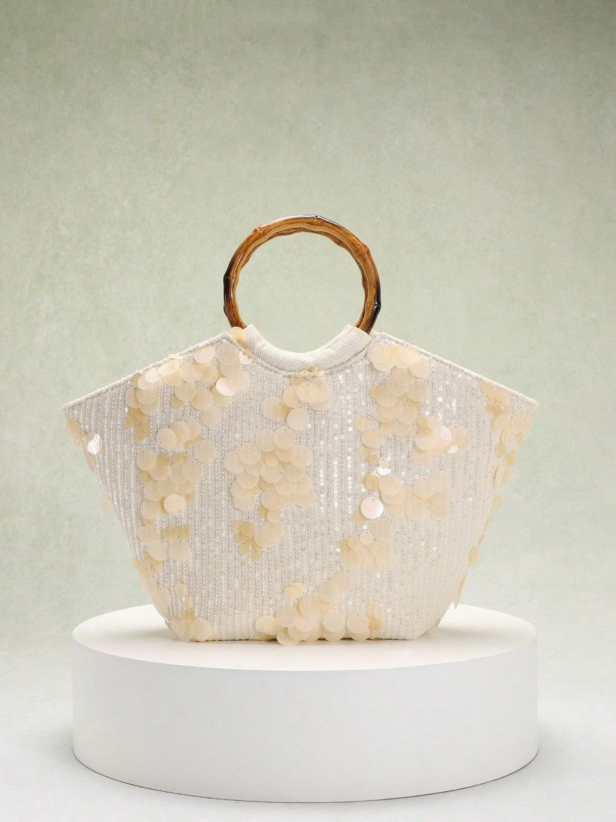 Elegant Seaside Embroidered Floral Tote Bag