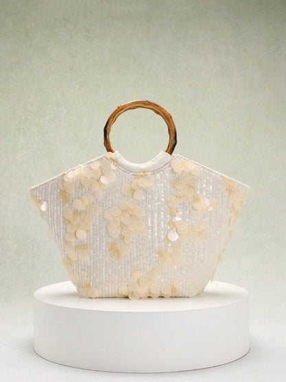Elegant Seaside Embroidered Floral Tote Bag