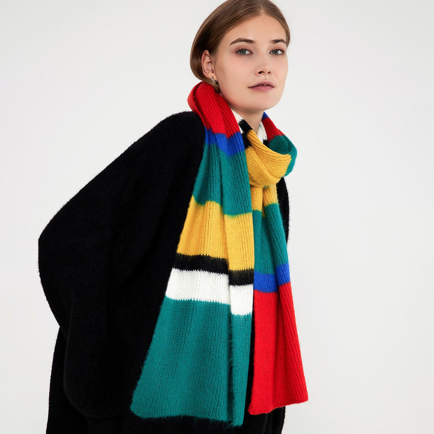 Rainbow Striped Acrylic Knit Scarf for Women