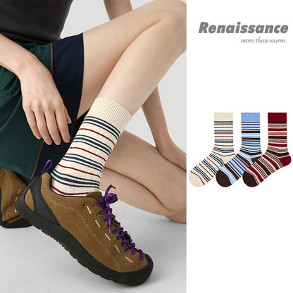 Mid Calf Striped Combed Cotton Socks For Daily Wear