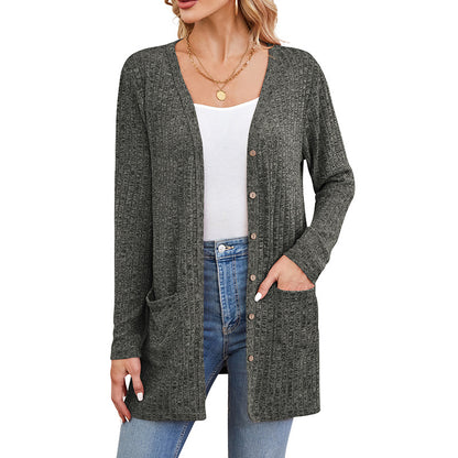 Casual Solid Color Long Sleeve Cardigan with Pockets
