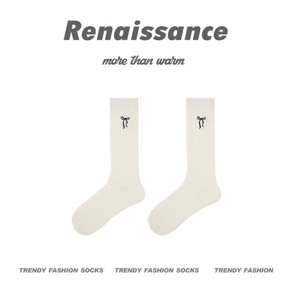 Renaissance Embroidered Bow Cotton Mid Calf Socks