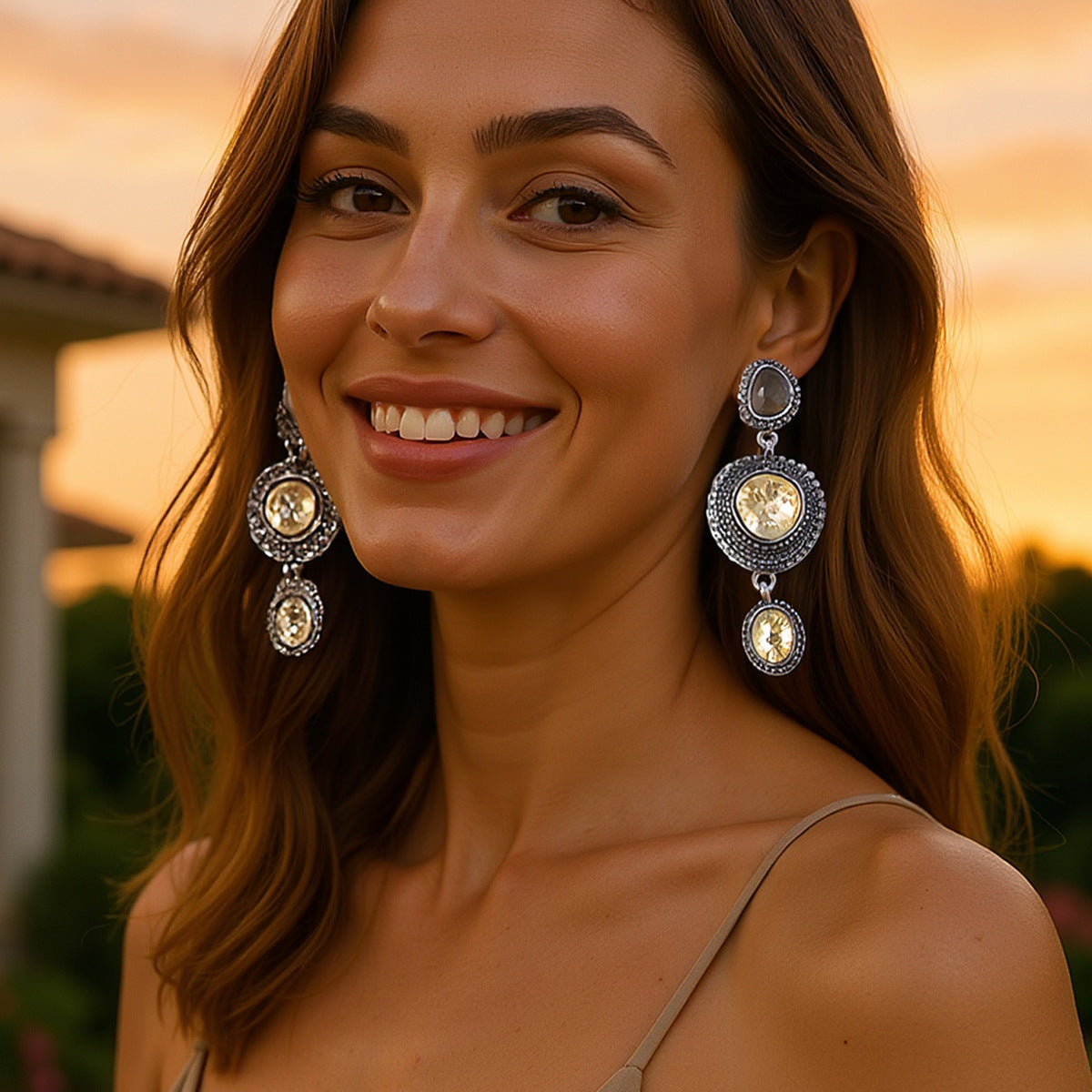 Drop Earrings Geometric Round Rhinestone Vintage Chic