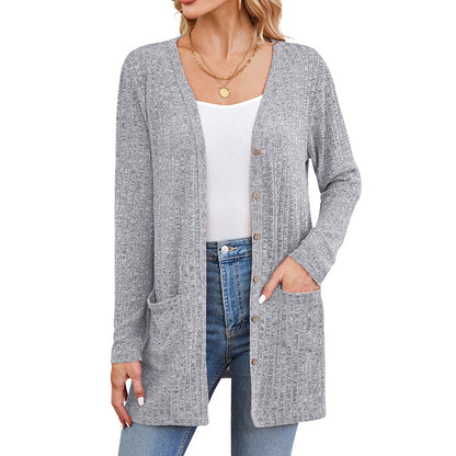 Casual Solid Color Long Sleeve Cardigan with Pockets