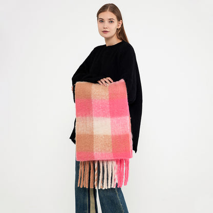 Plaid Fringed Scarf Warm Long Wrap for Women