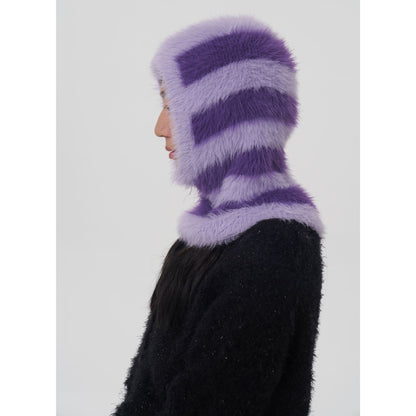 Trendy Two-Tone Striped Faux Mink Knit Beanie for Women