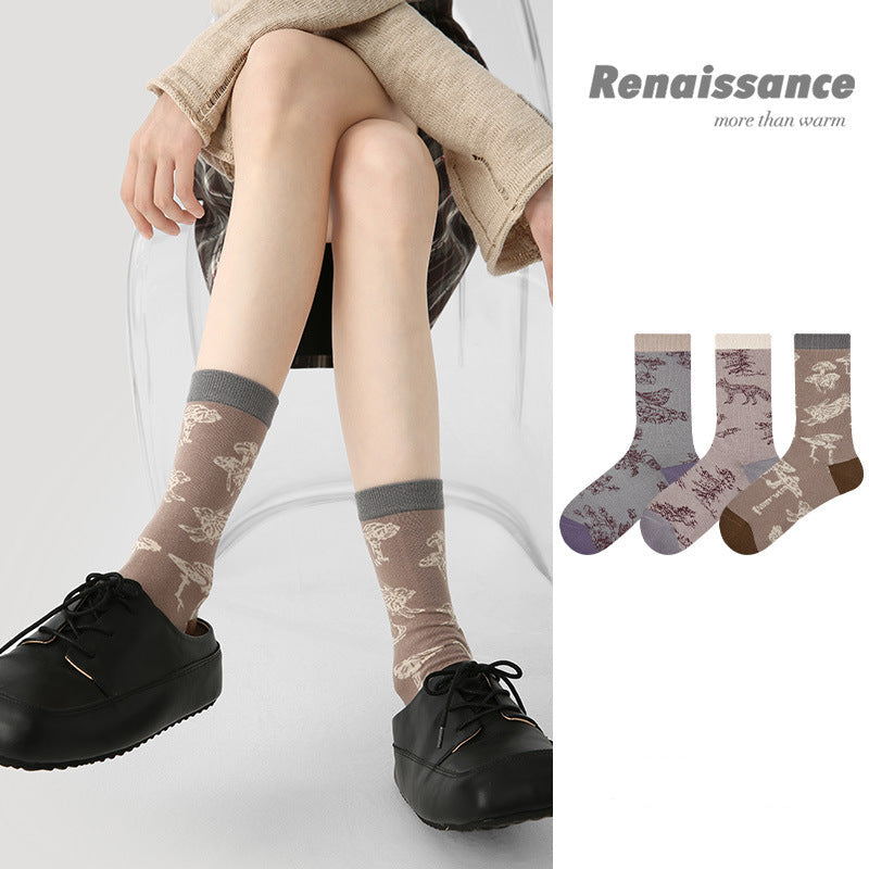Mid Calf Embossed Floral Combed Cotton Socks