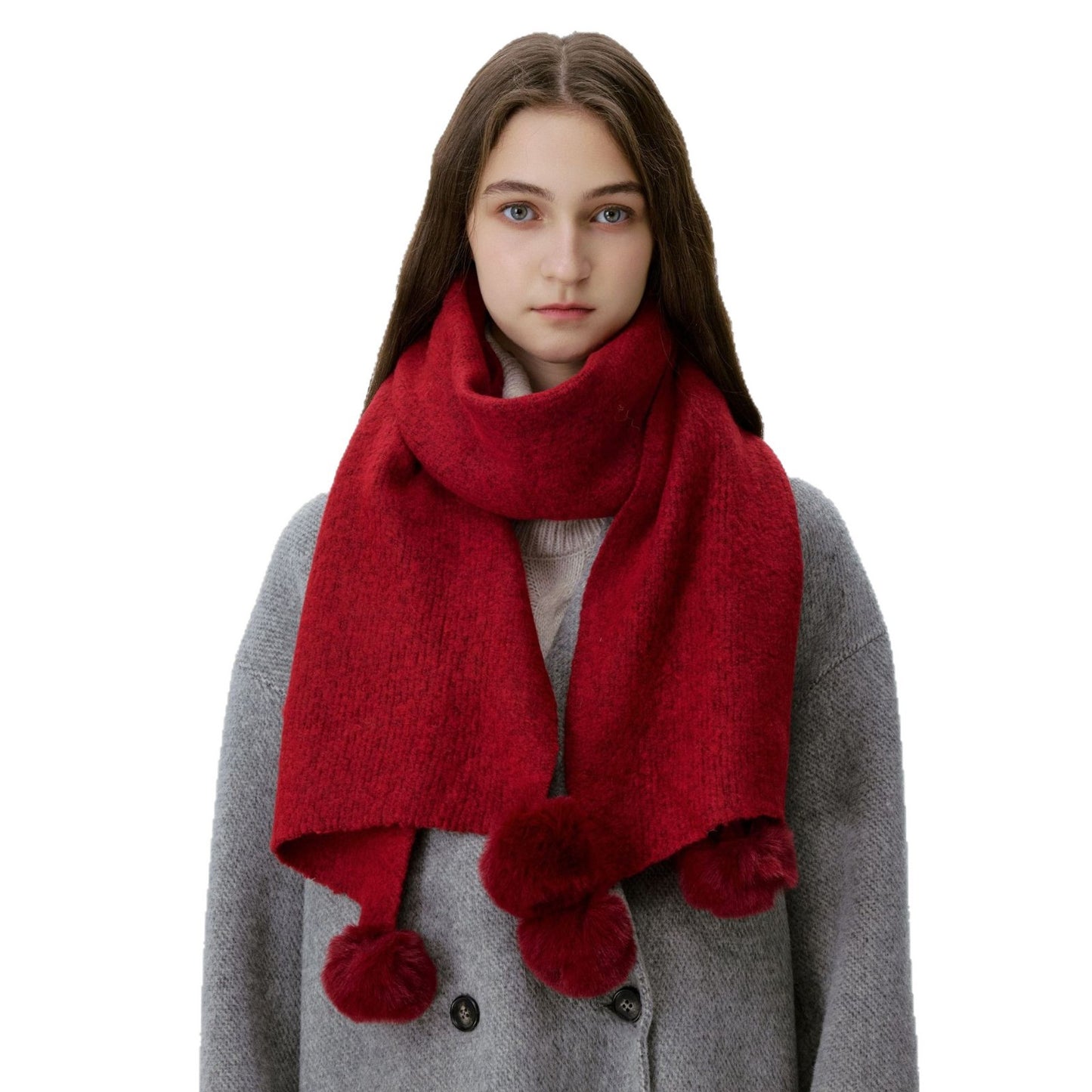 Cozy Solid Color Knitted Scarf with Pom Poms for Women