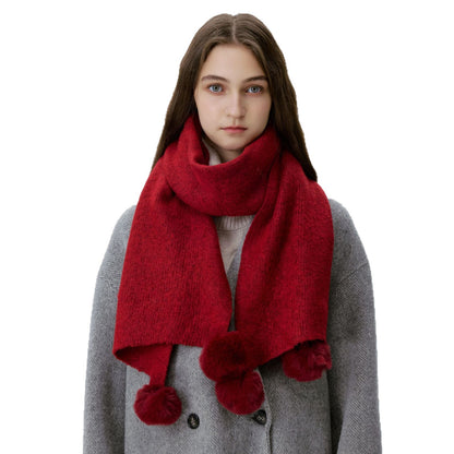 Cozy Solid Color Knitted Scarf with Pom Poms for Women