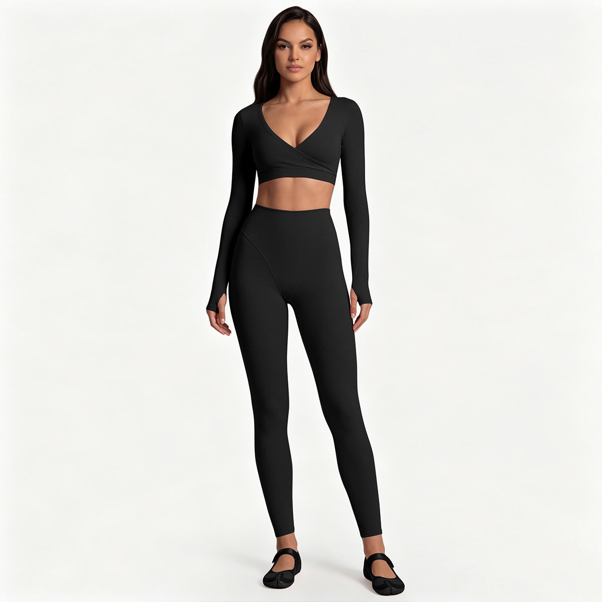 Long Sleeve Cross-Back Workout Skirt Set Women Ballet Style Yoga Outfit