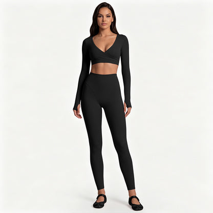 Long Sleeve Cross-Back Workout Skirt Set Women Ballet Style Yoga Outfit