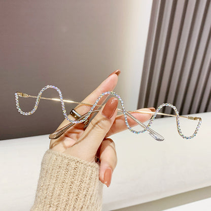 Diamond-Studded Metal Frameless Glasses Trendy Wave Style