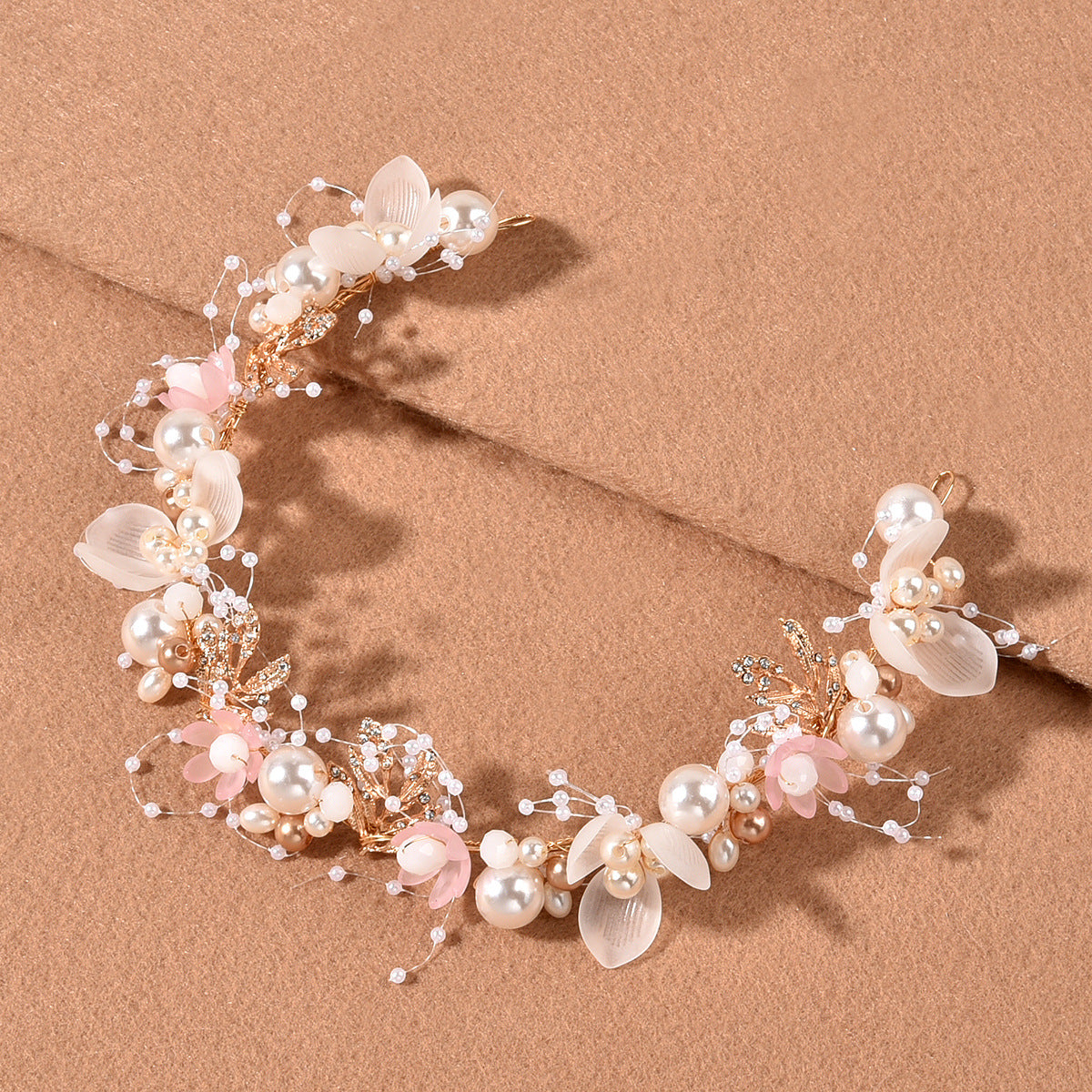Pearl Flower Bridal Headband with Gold Leaf Detailing