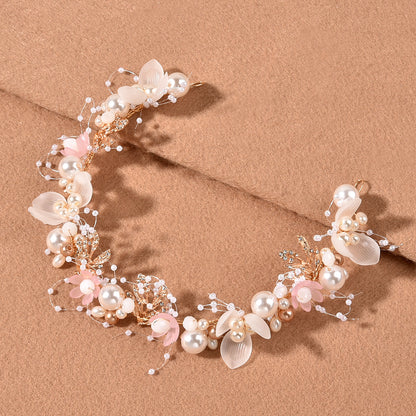 Pearl Flower Bridal Headband with Gold Leaf Detailing